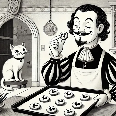 Ilustrace Manfreda s kočkou při pečení